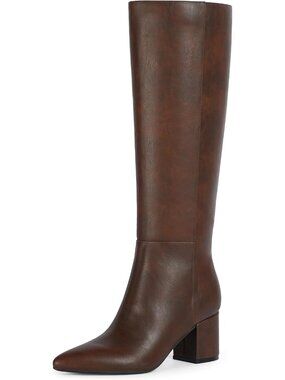 Women's Retro Brown Pointed Toe Faux Leather Knee High Chunky Low Heel Boots